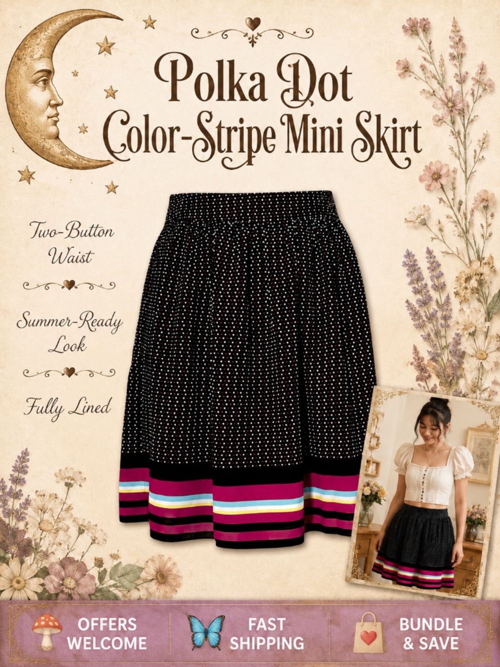 Old Navy Polka Dot Mini Skirt Color Stripe Hem Two‑Button Waist Size 4